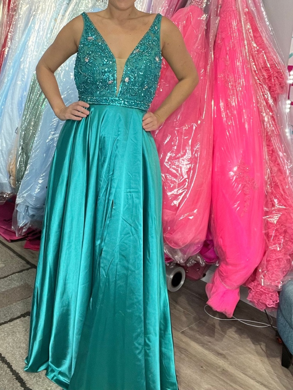 Sherri Hill Turquoise Beaded V-Neck Satin Prom Gown